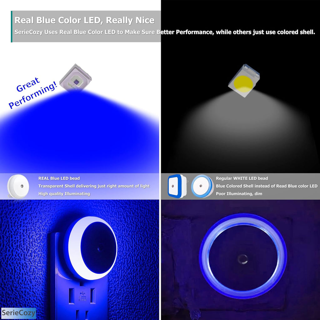 LED Night Light Blue, Light Sensor, Calm Blue Light, Easy on Eyes, Decorative, Night Light Plug into Wall for Bedroom, Bathroom, Kitchen, Hallways, Rooms for Kids, Baby, Children, 2 Pack