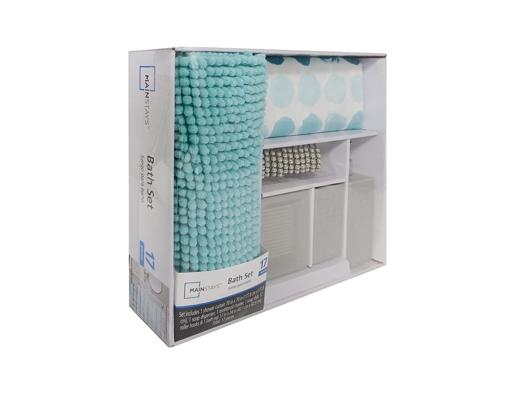 17-Piece Polka Dot Polyester/Ceramic Shower Curtain & Bathroom Accessory Set, Multi-Color