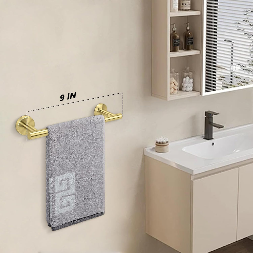 Bath Towel Bar, Thicken Stainless Steel Shower Towel Rack Holder Wall Mounted for Bathroom, 9-Lnch Overall Length-7-Lnch Usable Hanging Space (1 Pack, Brushed Gold)