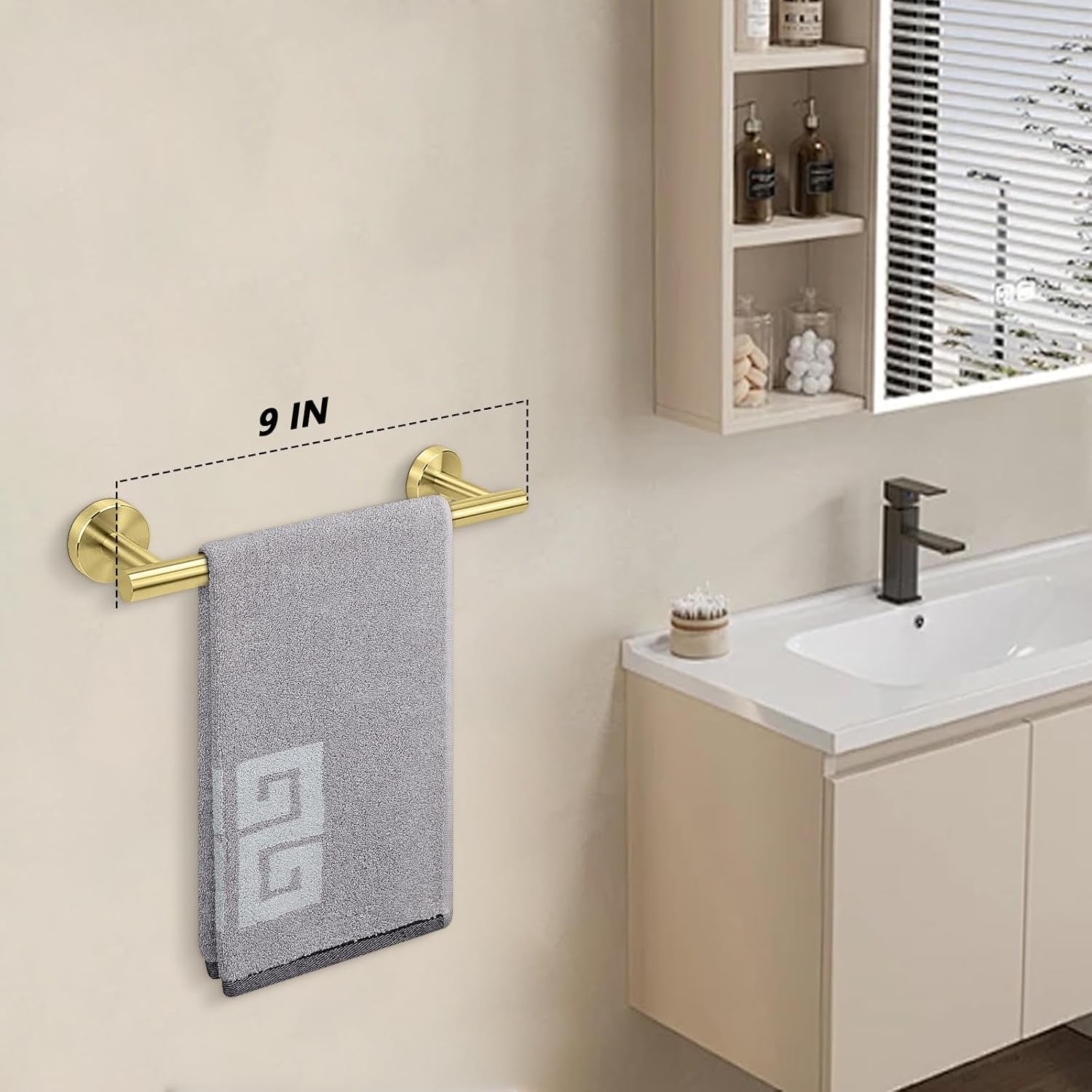Bath Towel Bar, Thicken Stainless Steel Shower Towel Rack Holder Wall Mounted for Bathroom, 9-Lnch Overall Length-7-Lnch Usable Hanging Space (1 Pack, Brushed Gold)