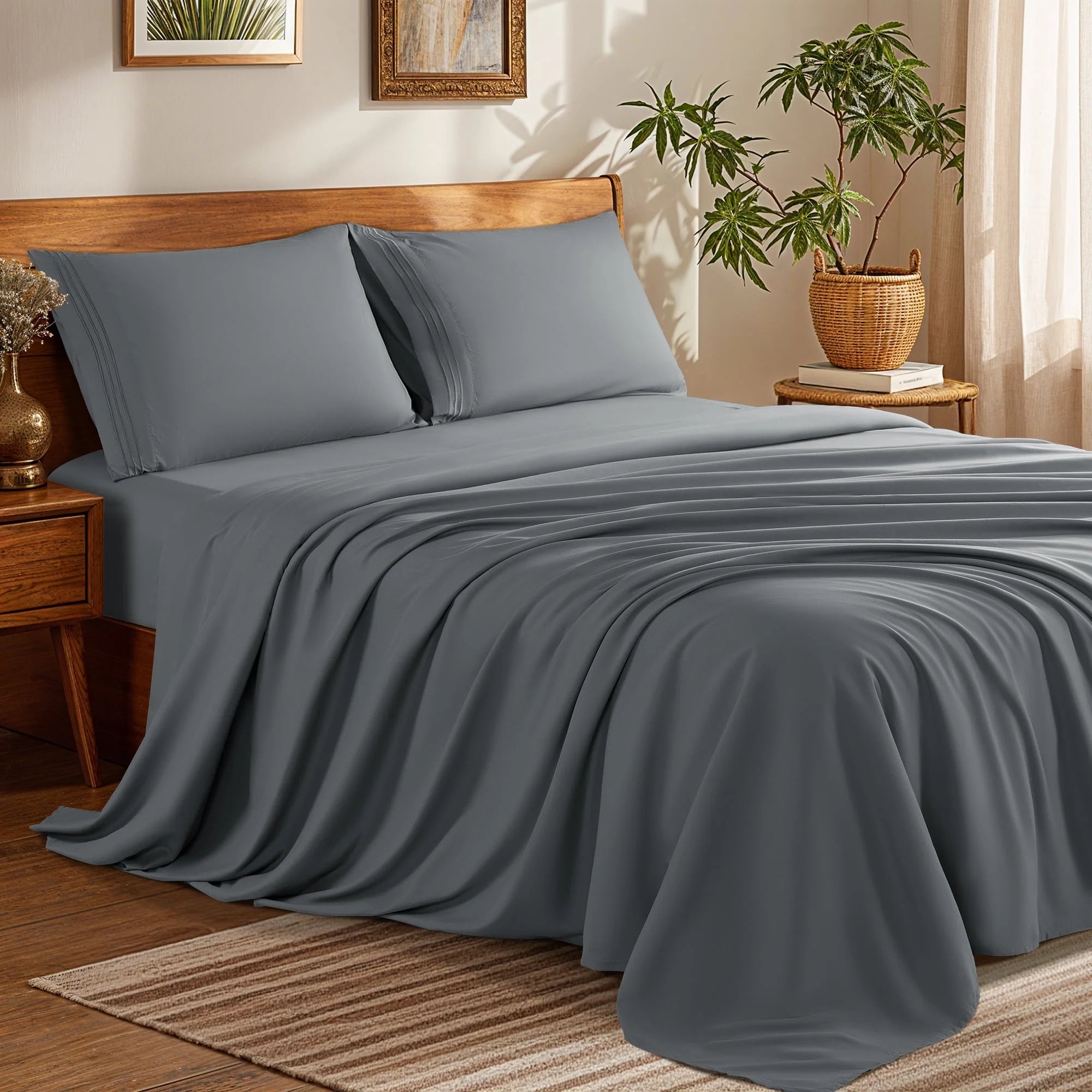 Bed Sheets Set, 1800 Series Microfiber Deep Pocket 4 Pieces Luxury Soft Sheet Set, Queen, Dark Gray