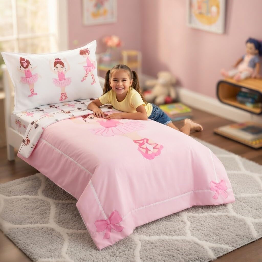 4 Piece Toddler Bedding Set -Born to Dance Ballerina- Includes Comforter, Flat Sheet, Fitted Sheet and Reversible Pillowcase