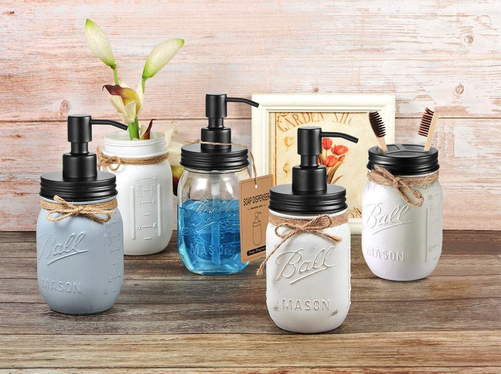 Mason Jar Bathroom Accessories Lids Set(4Pcs) - Jars Not Included - Soap Dispenser,Toothbrush Holder, Apothecary Jars Lids for Regular Mouth Mason Jars - Rustproof Stainless Steel，Black