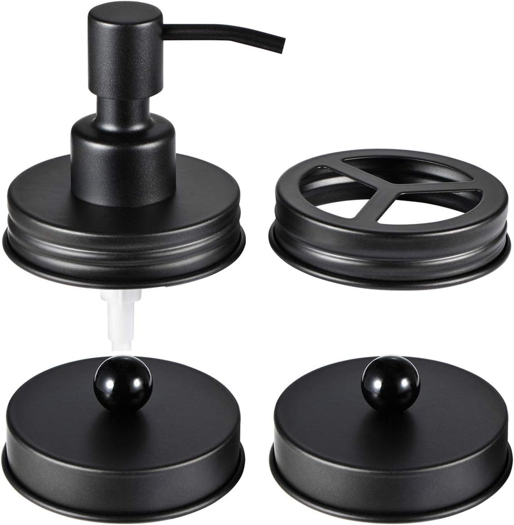 Mason Jar Bathroom Accessories Lids Set(4Pcs) - Jars Not Included - Soap Dispenser,Toothbrush Holder, Apothecary Jars Lids for Regular Mouth Mason Jars - Rustproof Stainless Steel，Black