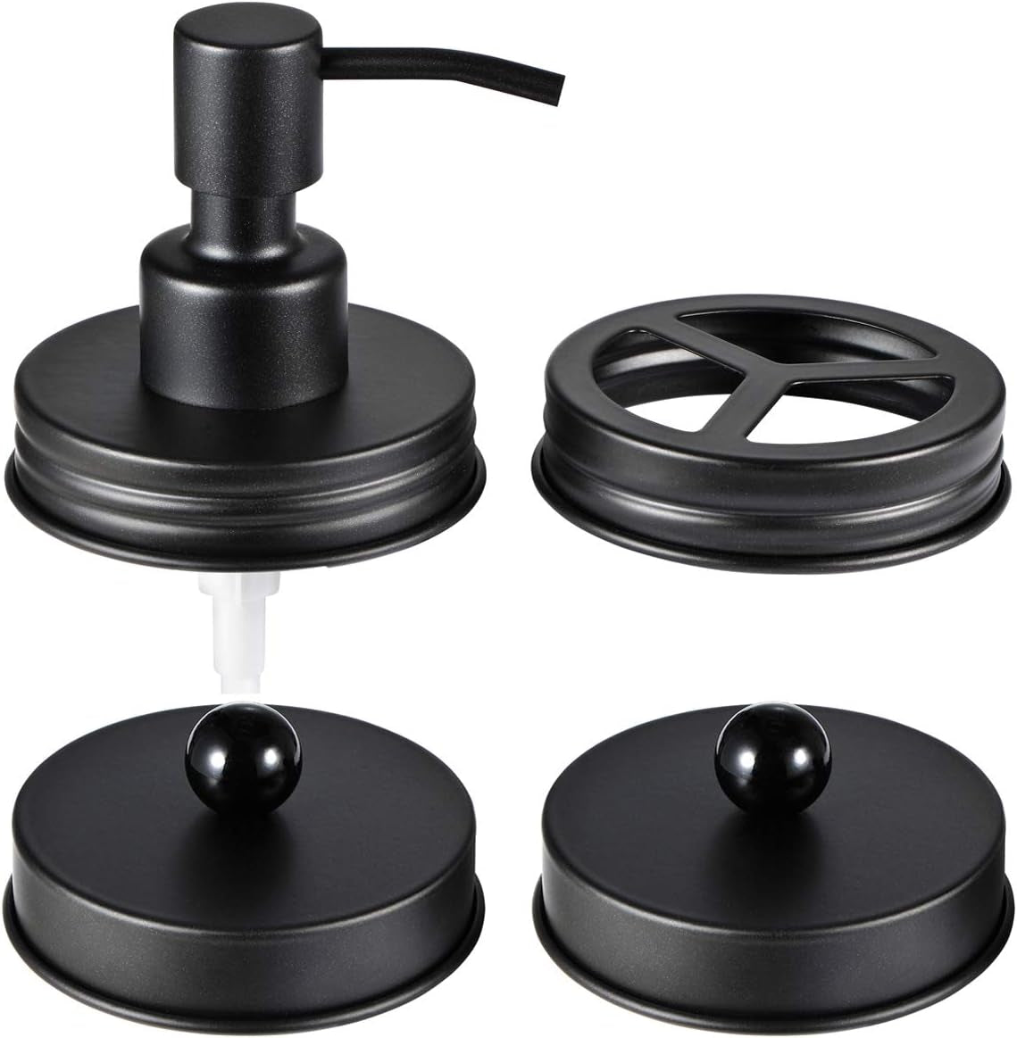 Mason Jar Bathroom Accessories Lids Set(4Pcs) - Jars Not Included - Soap Dispenser,Toothbrush Holder, Apothecary Jars Lids for Regular Mouth Mason Jars - Rustproof Stainless Steel，Black