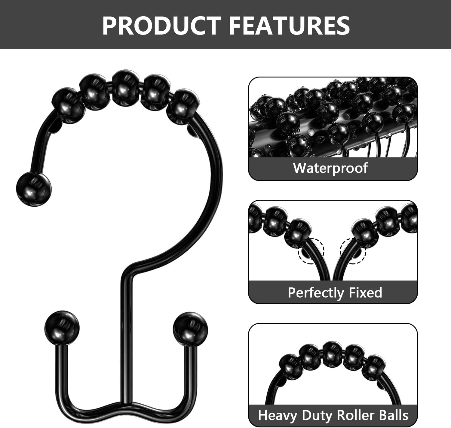 Shower Curtain Hooks Rings, Rustproof Metal Double Glide Shower Hooks for Bathroom Shower Curtain Liner and Rod, 12 Set