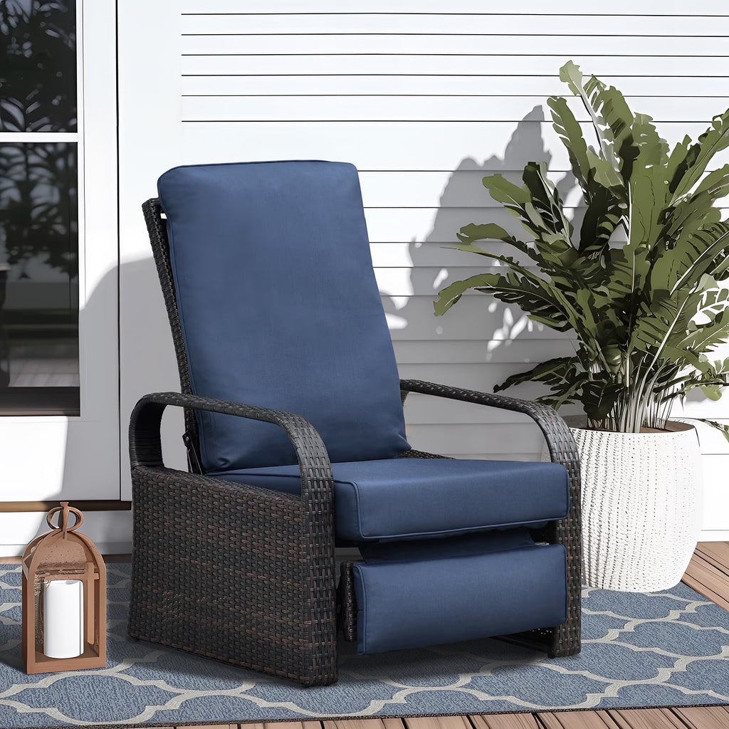 Wicker Outdoor Patio Adjustable Recliner Chair with Navy Blue Cushion