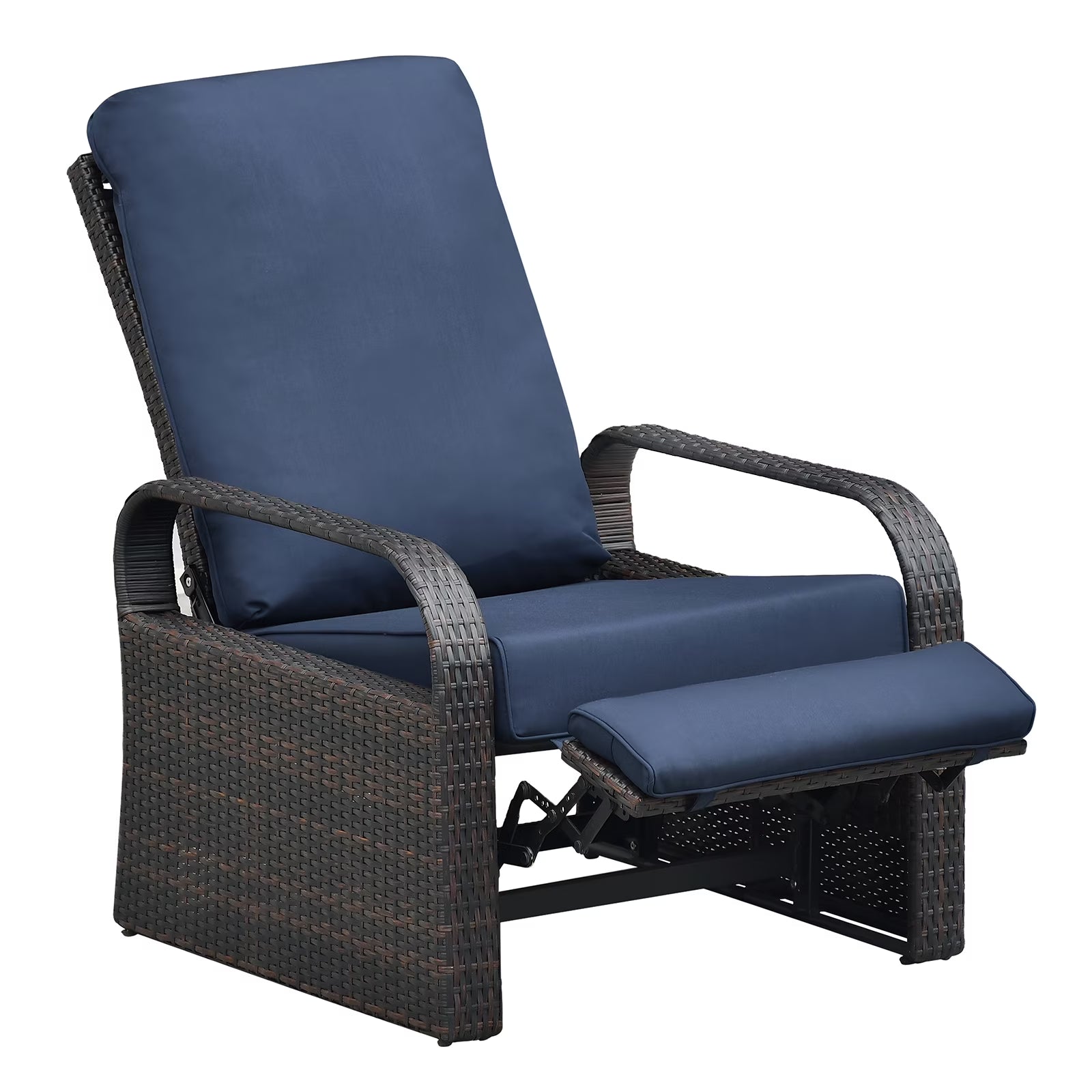 Wicker Outdoor Patio Adjustable Recliner Chair with Navy Blue Cushion