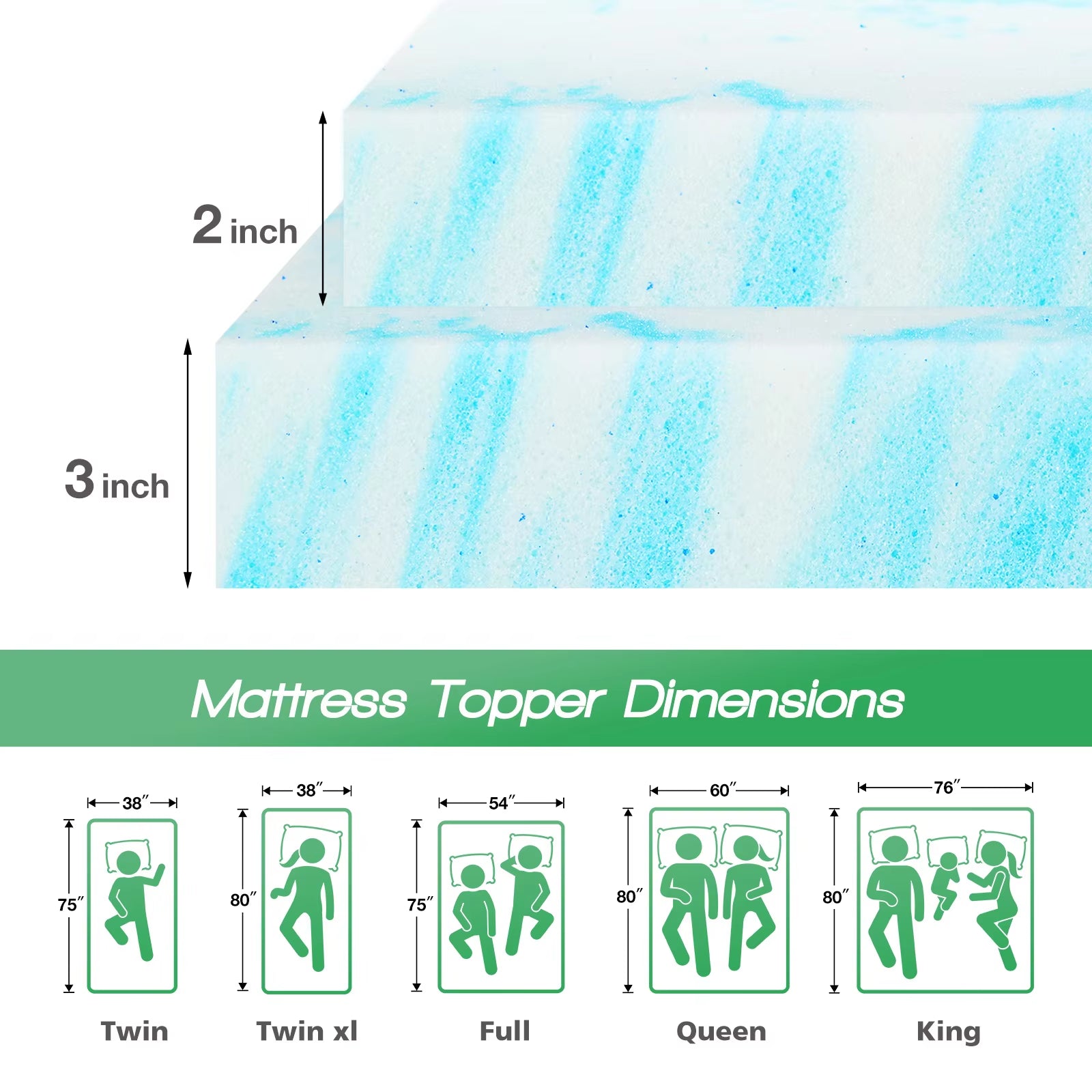 2-3 Inch Gel Memory Foam Mattress Topper Full Size Cooling Mattress Soft and Breathable Bed Topper School Bedroom Furniture