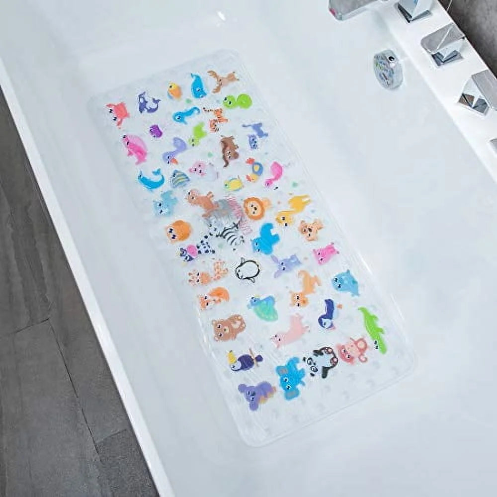 Cartoon Kids Bath Mat - Non Slip Bathtub Mat 35X16 Inch XL Large Size Tub Mats anti Slip Shower Mats for Bathroom Floor (Zoo)