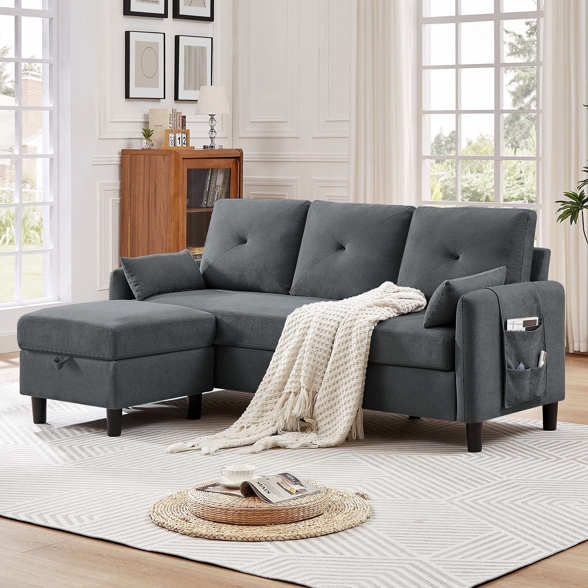 Convertible Sectional Sofa L Shaped Sofa Modern Fabric 3 Seat Couch with Reversible Storage Ottoman and Side Storage Pocket for Living Room Office Apartment Studio