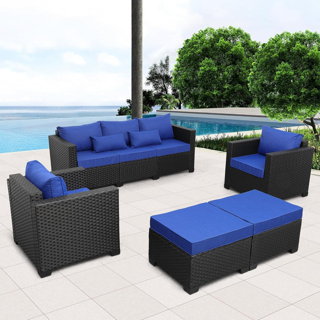 Outdoor Wicker Furniture Couch Set 5 Pieces Patio Furniture Sectional Sofa with Royal Blue Cushions and Waterproof Covers