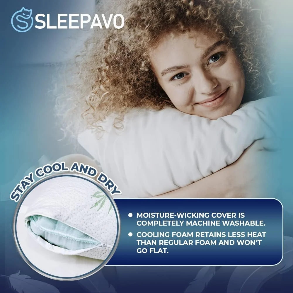 Memory Foam Pillows Queen Size Set of 2 - Cooling Bed Pillows for Sleeping - Back, Stomach, Side Sleeper Firm, Comfy Cool Shredded - 2 Pack, Rayon Derived from Bamboo for Adult, Teen, Kids