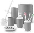 7 Pcs Bathroom Accessories Sets, Plastic Gift Set Includes Toothbrush Cup, Toothbrush Holder, Soap Dispenser, Soap Dish, Toilet Brush with Holder, Trash Can, with 3 Pcs Toothbrushes (Grey)