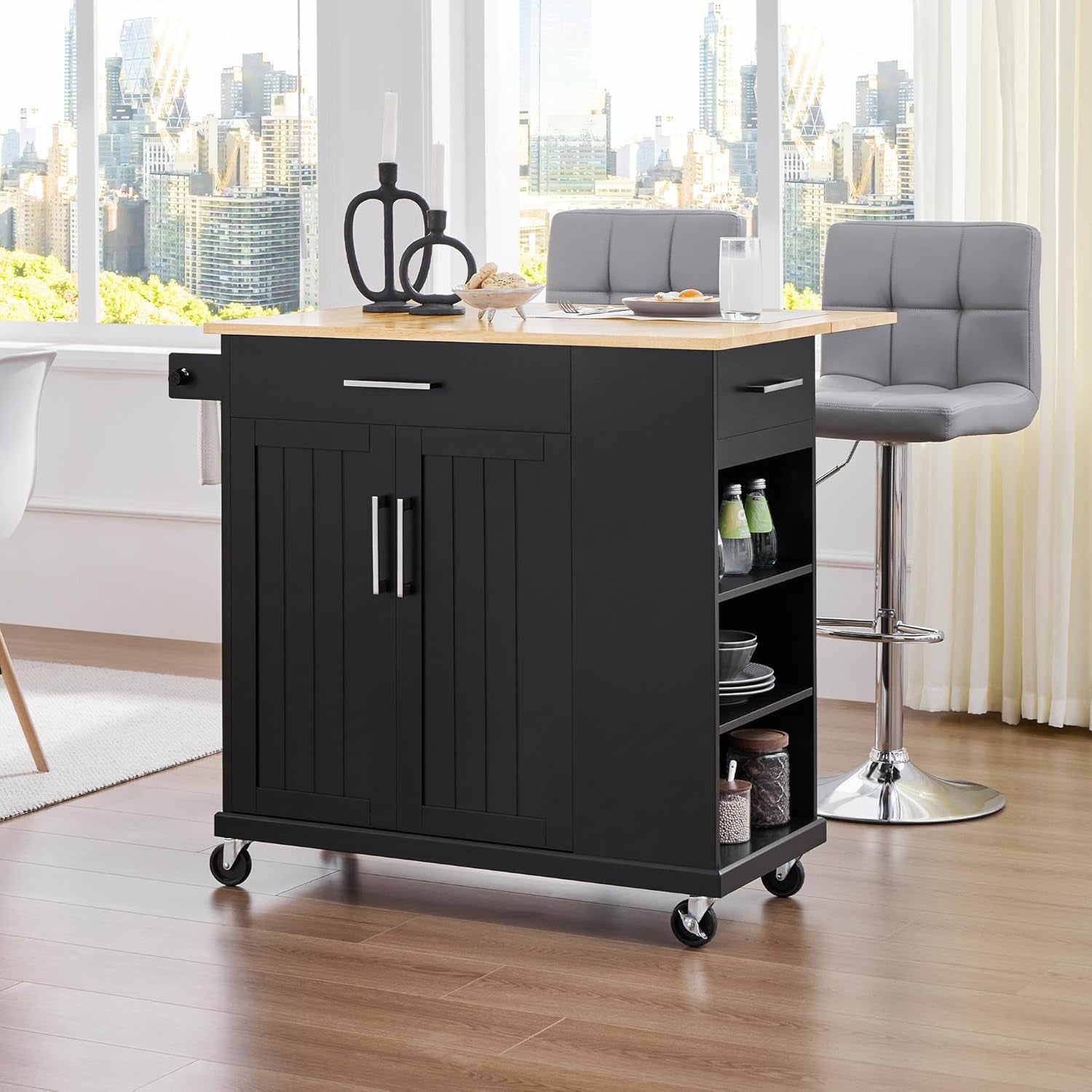 Rolling Kitchen Island Cart with Drop Leaf, Portable Rubberwood Breakfast Bar with Storage Cabinet, Open Shelves & Detachable Towel, 2 Drawers, Black